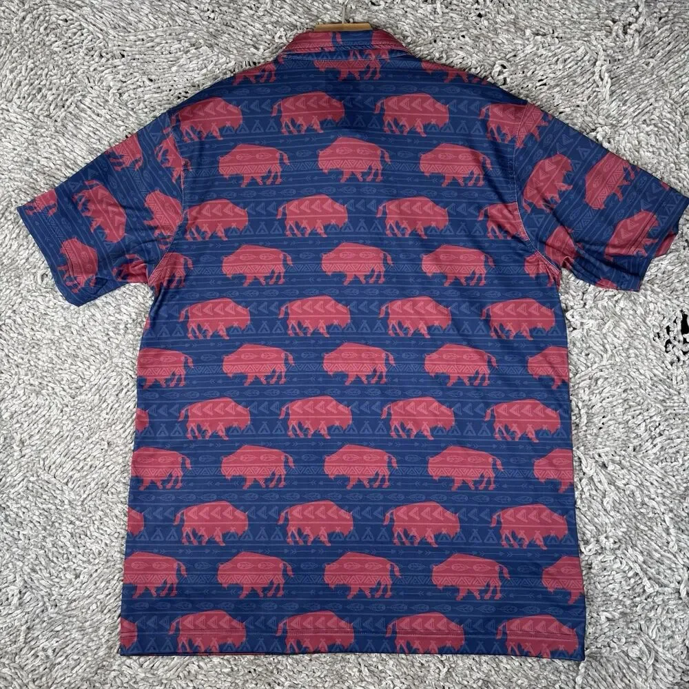 Waggle Polo Shirt Mens Large Bison Animal Print Aztec Short Sleeve Golf Stretch - Picture 3 of 5